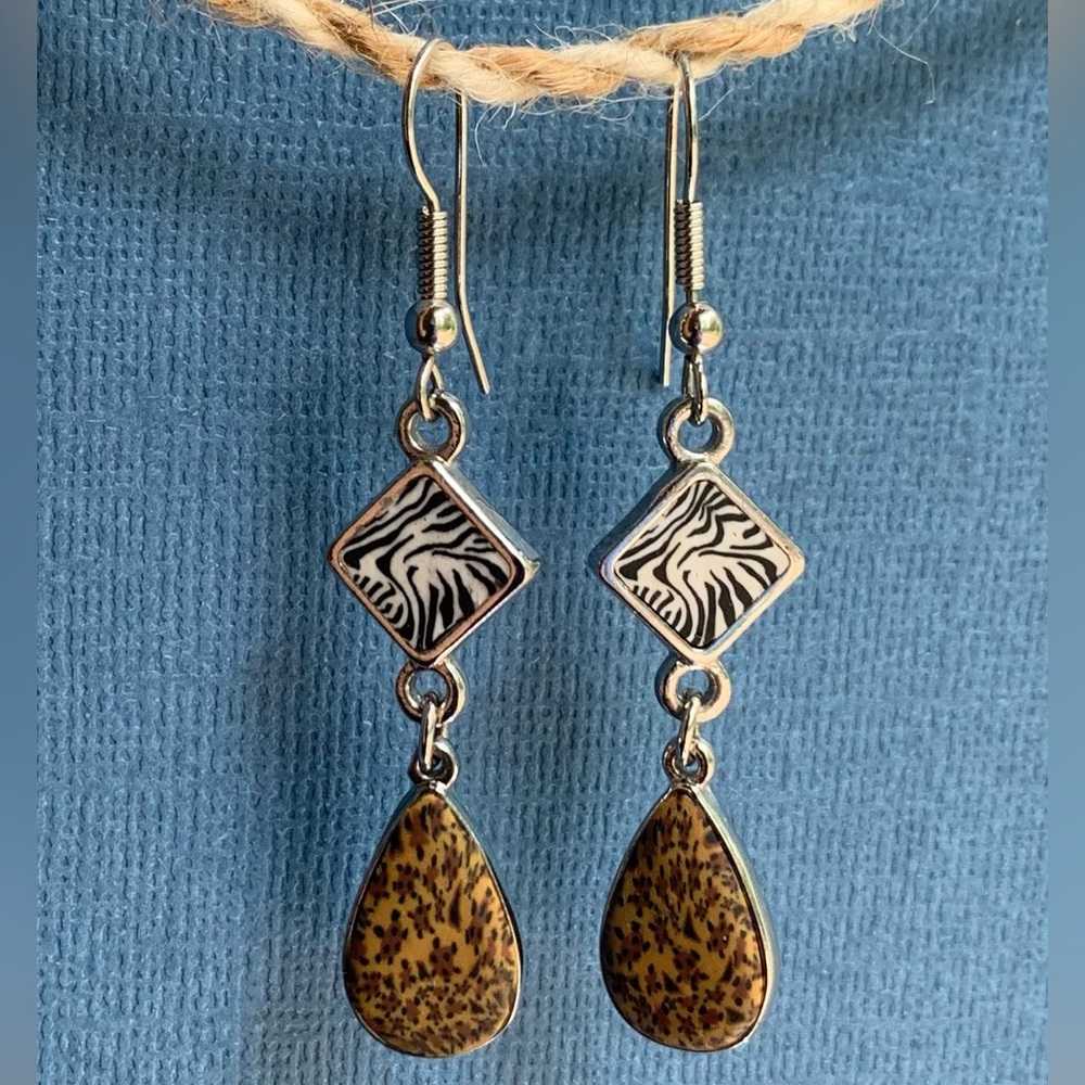 Unique Zebra & Speckled Teardrop Dangle Earrings - White Black Brown & Silver